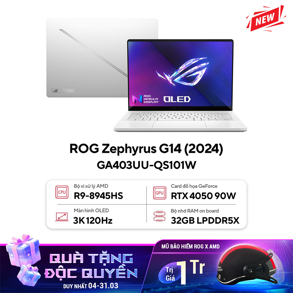 Laptop Asus Gaming ROG Zephyrus G14 GA403UU-QS101W (AMD Ryzen 9 8945HS | NVIDIA GeForce RTX 4050 6GB | 14 inch 3K (2880 x 1800) | 32GB | 512GB | Windows 11 Home)